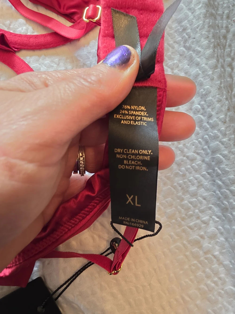 Frederick's of Hollywood Crimson Satin Underwire Bra with Gold Accents And Rope